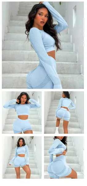Design Mesh Panel Long Sleeve Crop Top and High-Waisted Shorts Set Light Blue Activewear - 16