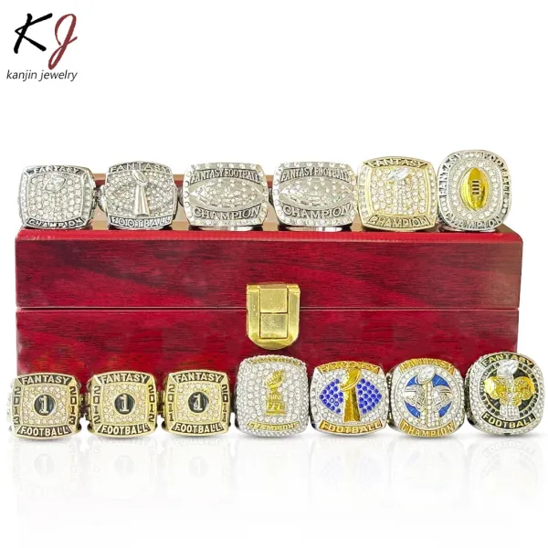 Design Kanjin Jewelry Fantasy Football Championship Ring Gold Silver Black Rhinestone Ring Jewelry - 7