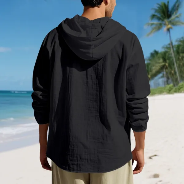 Design Hooded Linen Shirt Brown Men's Beachwear - 84