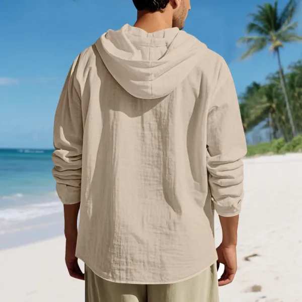 Design Hooded Linen Shirt Brown Men's Beachwear - 91