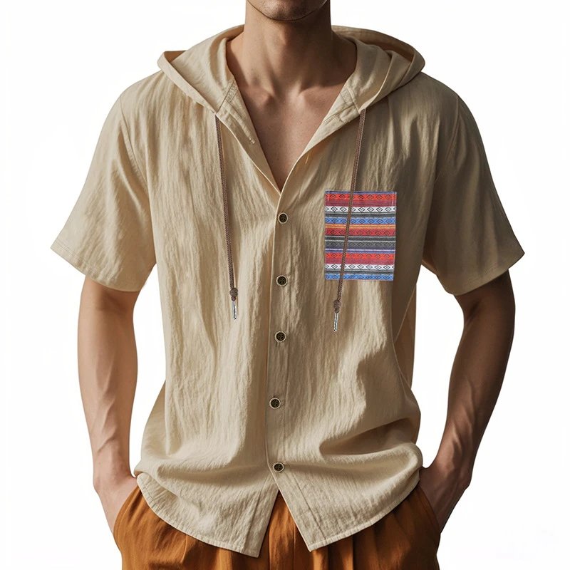 Design Hooded Button-Up Shirt Olive Green with Tribal Pocket Tops - 24