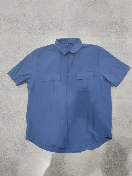 Design Short-Sleeve Linen Shirt Navy Blue Tops Shirt - 11