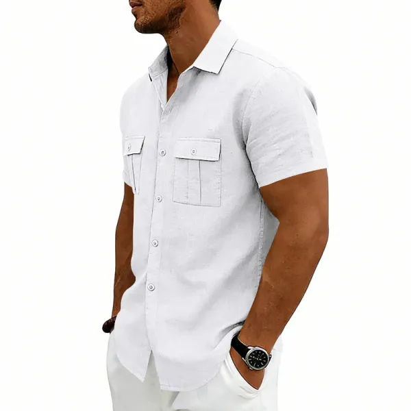 Design Short-Sleeve Linen Shirt Navy Blue Tops Shirt - 22
