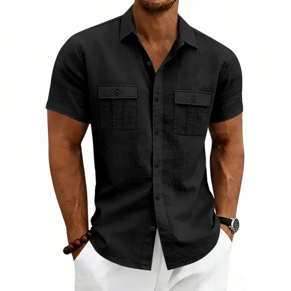 Design Short-Sleeve Linen Shirt Navy Blue Tops Shirt - 28