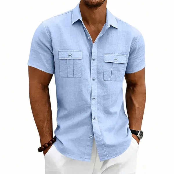 Design Short-Sleeve Linen Shirt Navy Blue Tops Shirt - 34