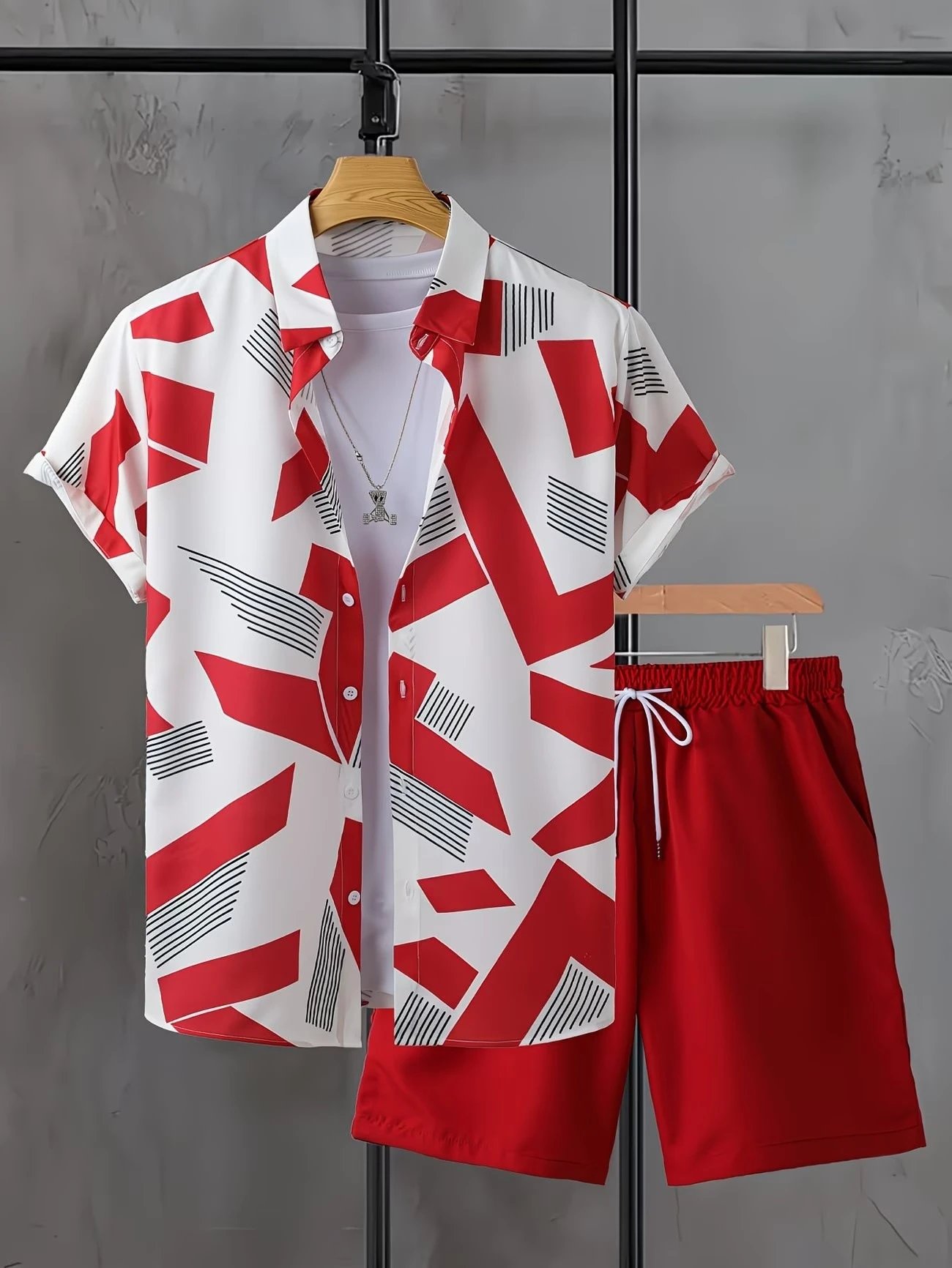 Design Tropical Print Button-Up Shirt and Lime Green Shorts Set - 3