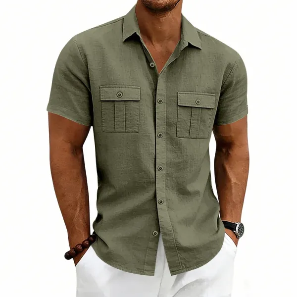 Design Short-Sleeve Linen Shirt Navy Blue Tops Shirt - 40