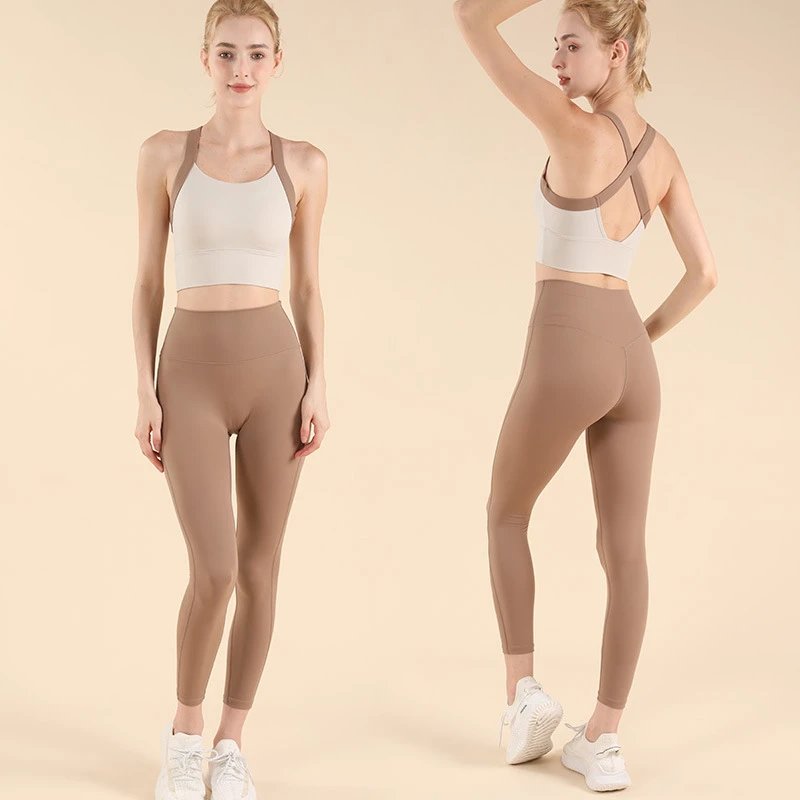 Design Seamless Cross-Back Sports Bra and High-Waisted Leggings Set Beige Activewear - 7