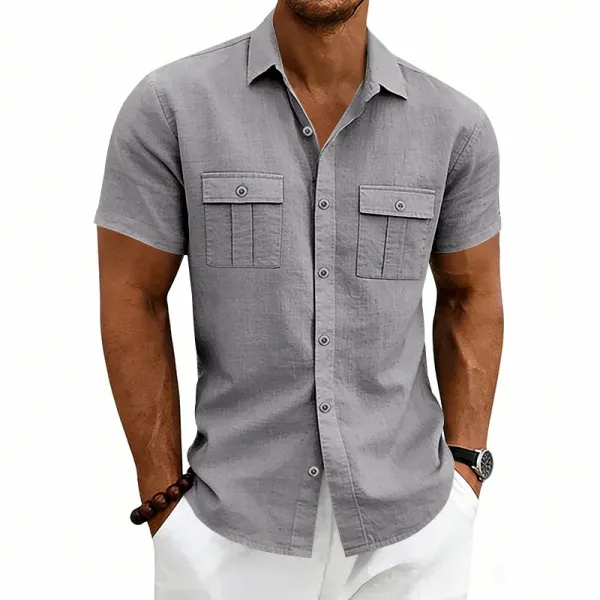 Design Short-Sleeve Linen Shirt Navy Blue Tops Shirt - 46