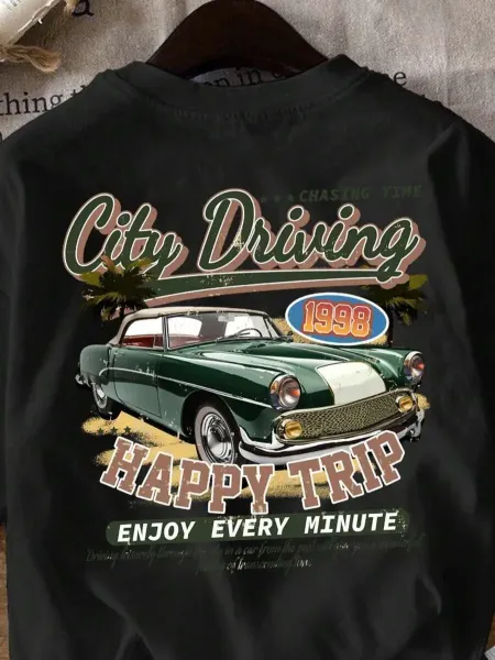 Design City Driving Vintage Car Graphic Beige T-Shirt - 8