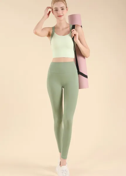 Design Seamless Cross-Back Sports Bra and High-Waisted Leggings Set Beige Activewear - 4