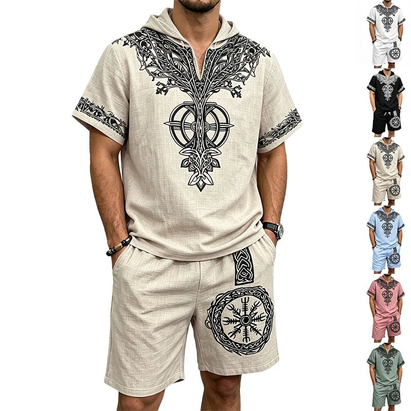 Men's Bamboo Linen Viking Print Hoodie and Shorts Set