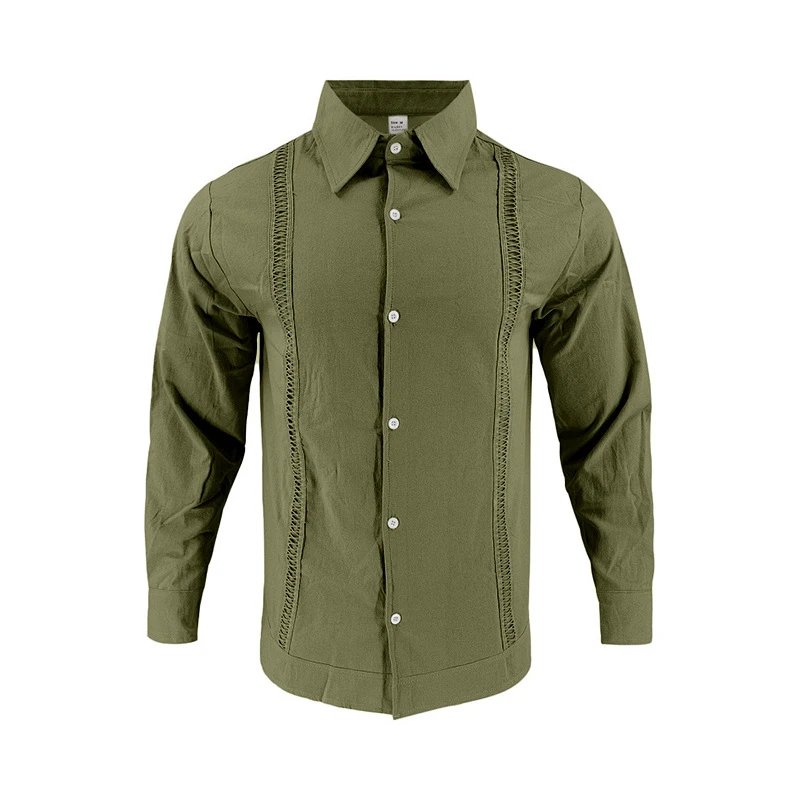 Design Guayabera-Style Shirt Army Green Shirt Tops Shirt - 10