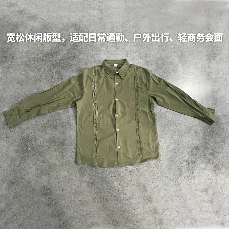 Design Guayabera-Style Shirt Army Green Shirt Tops Shirt - 12
