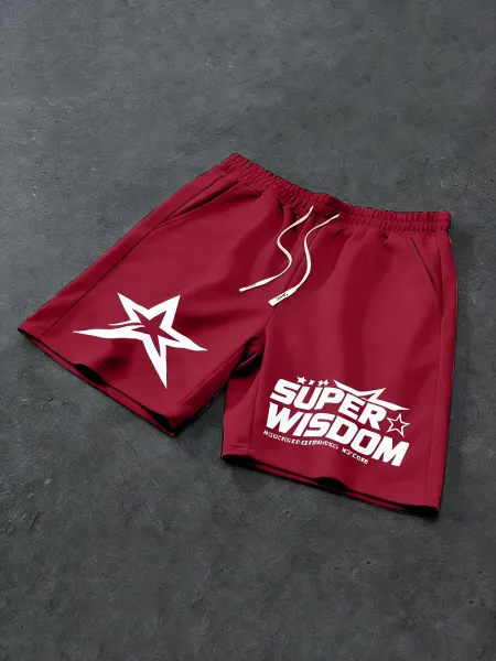 Design Super Wisdom Star Logo Beige Drawstring Shorts - 2