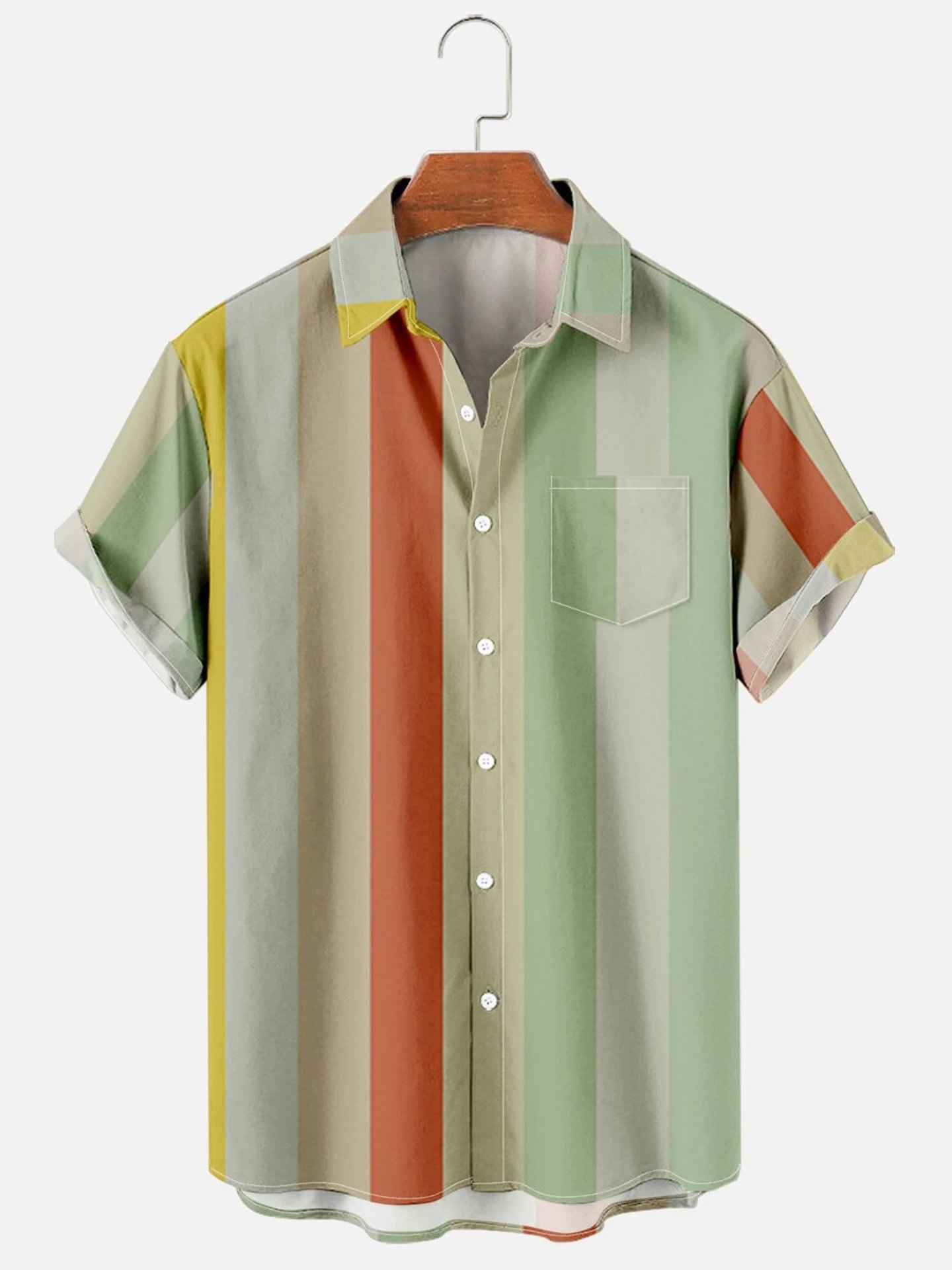 Design Leaf Print Short-Sleeve Button-Up Shirt Green and Cream - 3