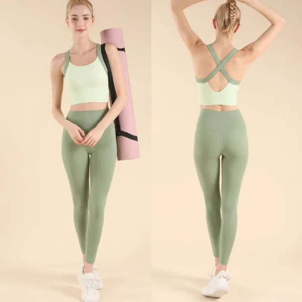 Design Seamless Cross-Back Sports Bra and High-Waisted Leggings Set Beige Activewear - 8