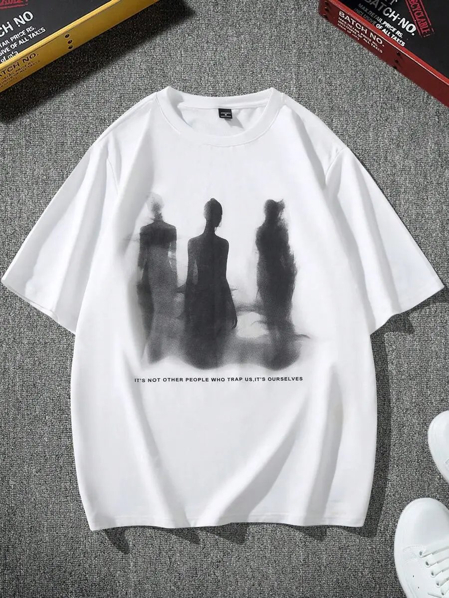 Design Abstract Figure Print Black Oversized T-Shirt - 10