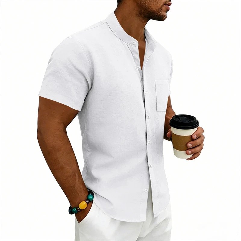 Design Mandarin Collar Short Sleeve Shirt Gray Tops Shirt - 7