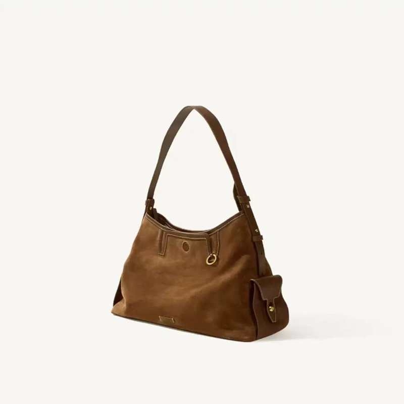 Hobo Bag Beige Suede with Brown Leather Trim Shoulder