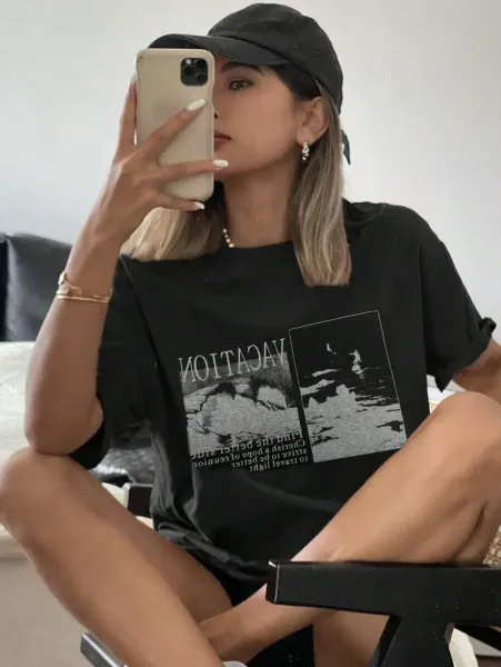 Design Vacation Print Oversized T-Shirt Charcoal Gray T-Shirt - 8