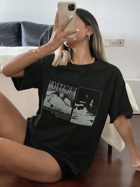 Design Vacation Print Oversized T-Shirt Charcoal Gray T-Shirt - 10