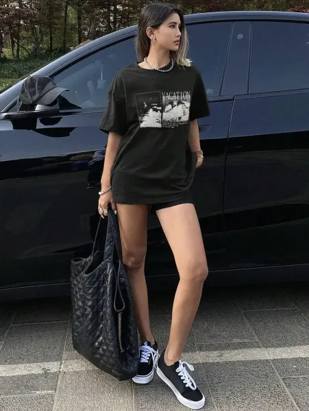Design Vacation Print Oversized T-Shirt Charcoal Gray T-Shirt - 12