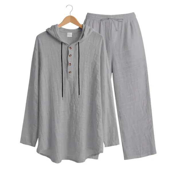 Design Linen Hooded Henley Set Beige Casual Set - 33