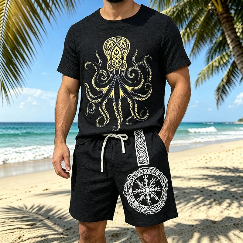 Octopus & Vegvisir Print Black T-Shirt and Shorts