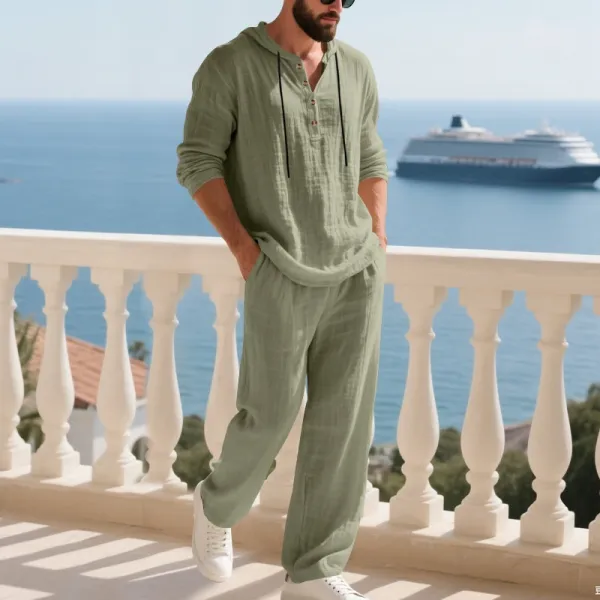 Design Linen Hooded Henley Set Beige Casual Set - 44