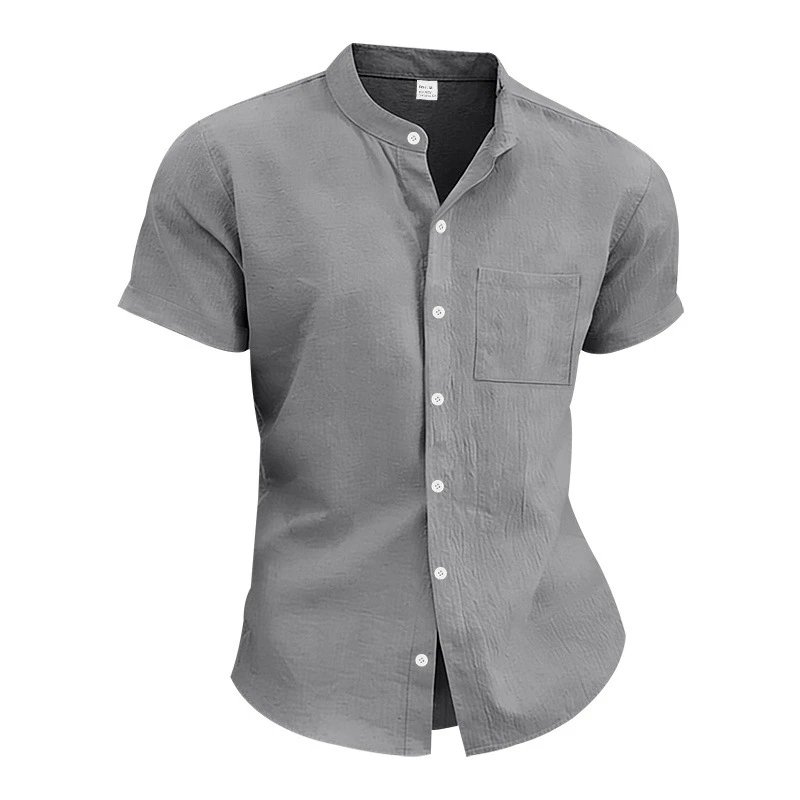 Design Mandarin Collar Short Sleeve Shirt Gray Tops Shirt - 43