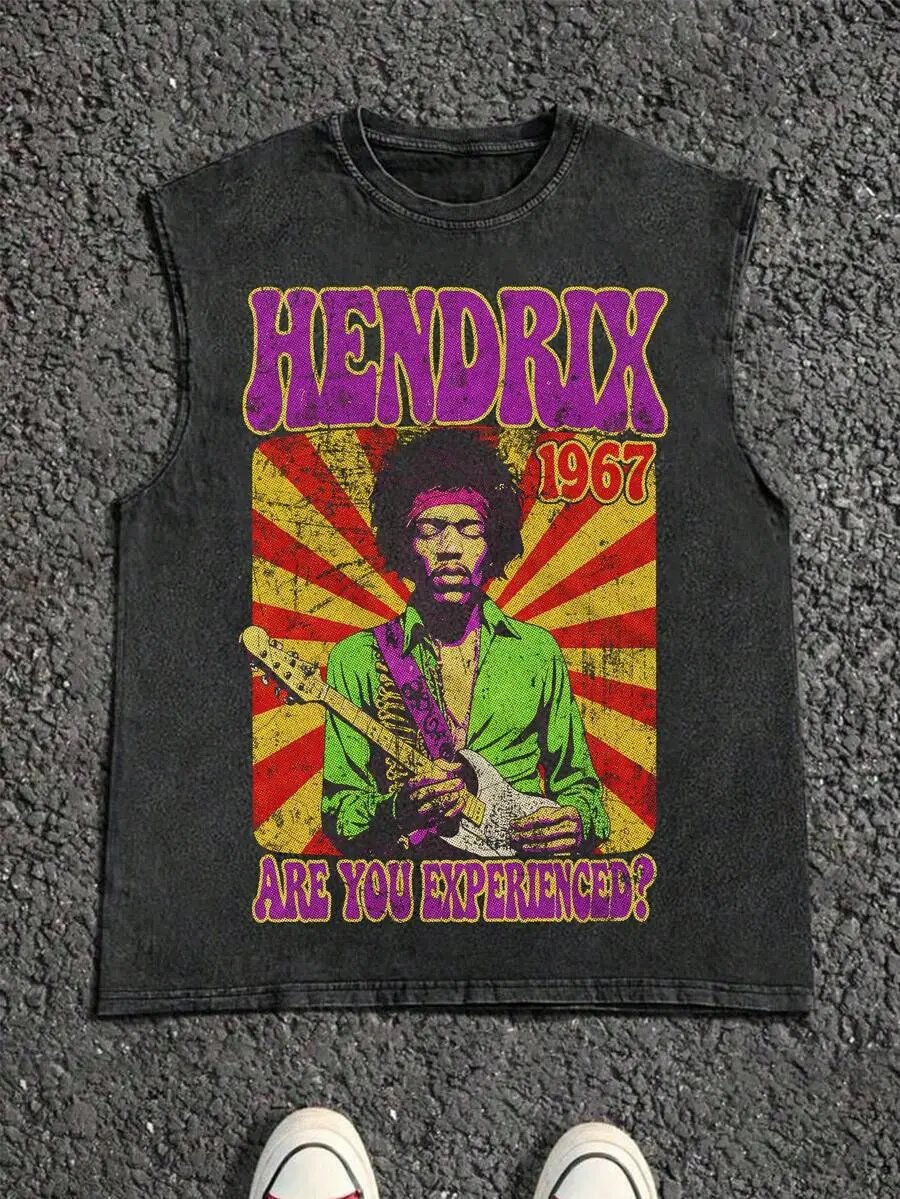 Design Jimi Hendrix Graphic Sleeveless T-Shirt Black Vest Top - 7