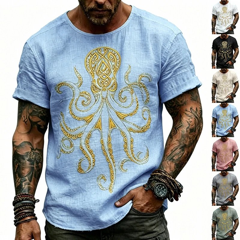 Men's Summer Bamboo Linen T-Shirt Vintage Gold Octopus Print Casual Versatile Top Wholesale