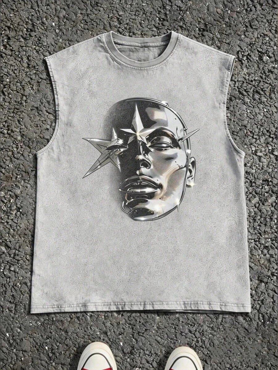 Design Sleeveless Graphic Tee Gray Washed Vest Top - 7