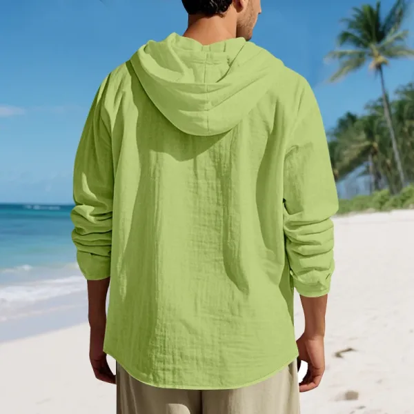 Design Hooded Linen Shirt Brown Men's Beachwear - 9
