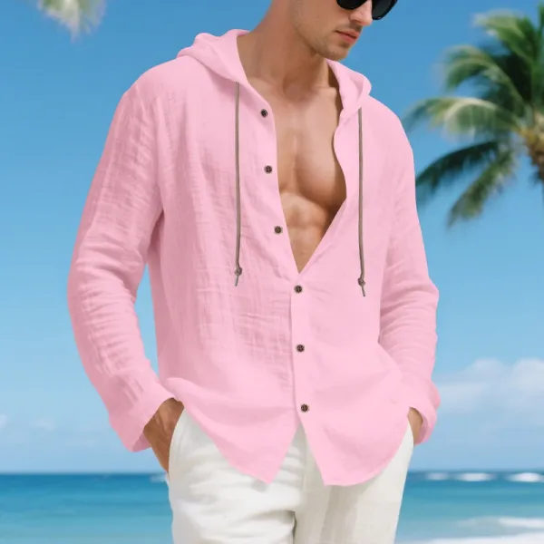Design Hooded Linen Shirt Brown Men's Beachwear - 24