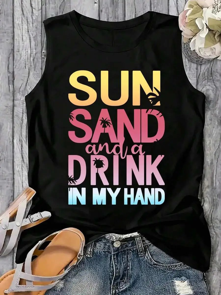 Design Tropical Palm Sunset Print Tank Top in Pink with Crochet Shorts and Straw Tote Vest Top - 9