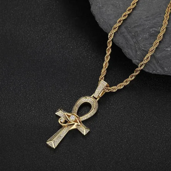 Design Ankh Cross Pendant Necklace Gold-Tone Micro-Pave Cubic Zirconia Rope Chain Jewelry - 1