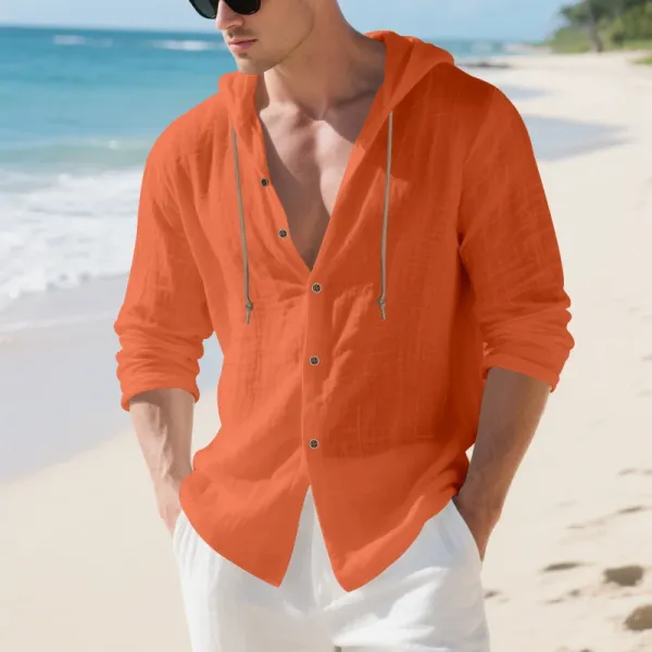 Design Hooded Linen Shirt Brown Men's Beachwear - 48
