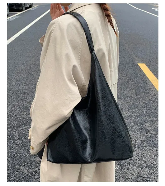 Design Hobo Bag Black Leather-Texture Shoulder Bag - 24