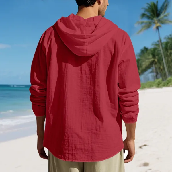 Design Hooded Linen Shirt Brown Men's Beachwear - 63