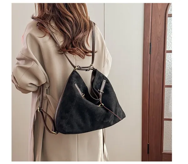 Design Suede Hobo Bag Black with Brown Leather Trim - 17