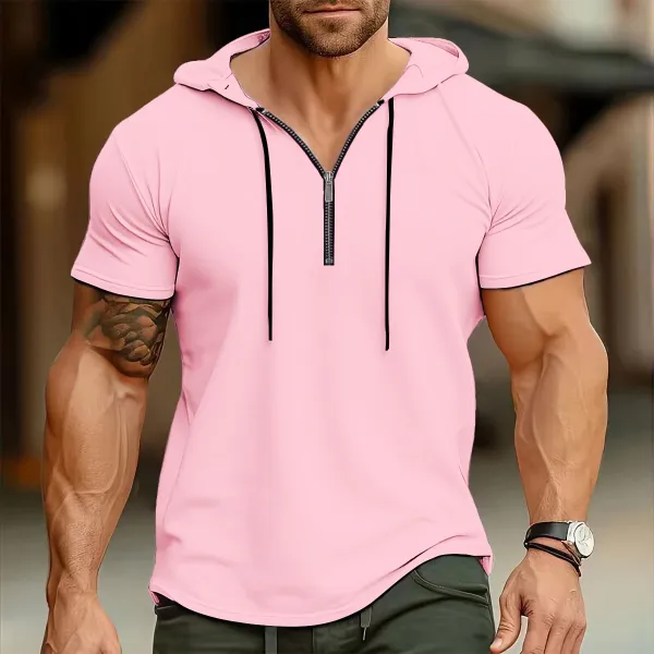 Design Short-Sleeve Zip-Front Hooded Tee Pink Hoodie - 27