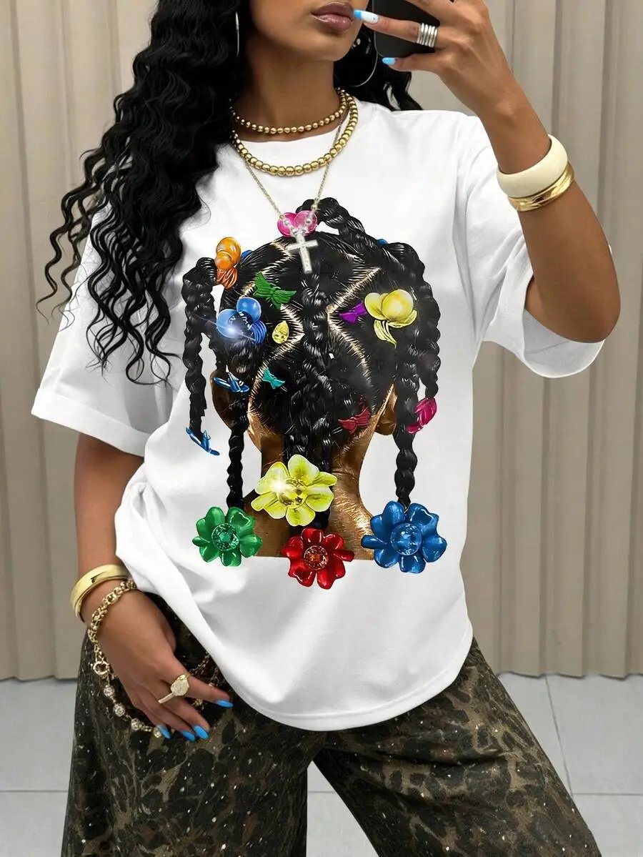 Design Floral Braided Hair Graphic T-Shirt White - 7