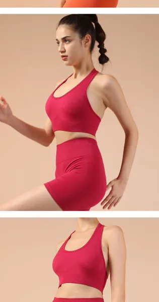 Design Purple Ribbed Halter Crop Top and High-Waisted Bike Shorts Set Activewear - 22