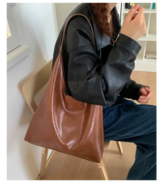 Design Hobo Bag Black Leather-Texture Shoulder Bag - 27