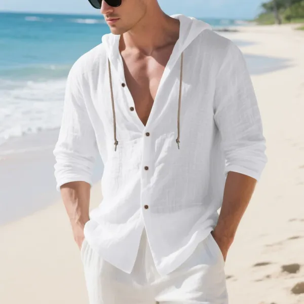 Design Hooded Linen Shirt Brown Men's Beachwear - 76