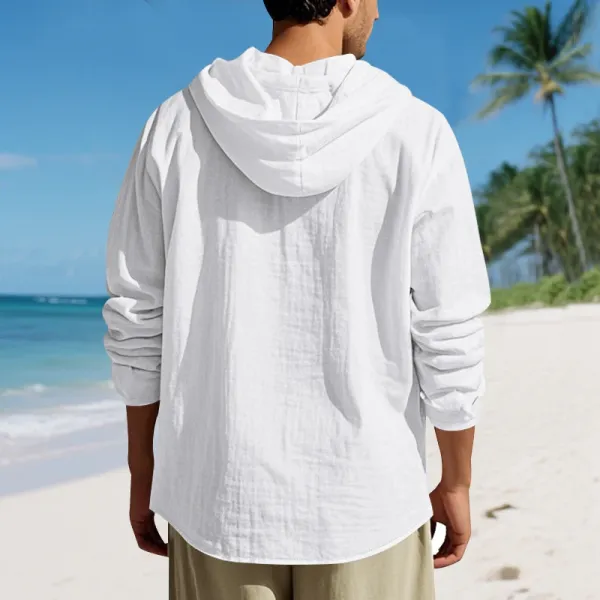 Design Hooded Linen Shirt Brown Men's Beachwear - 77