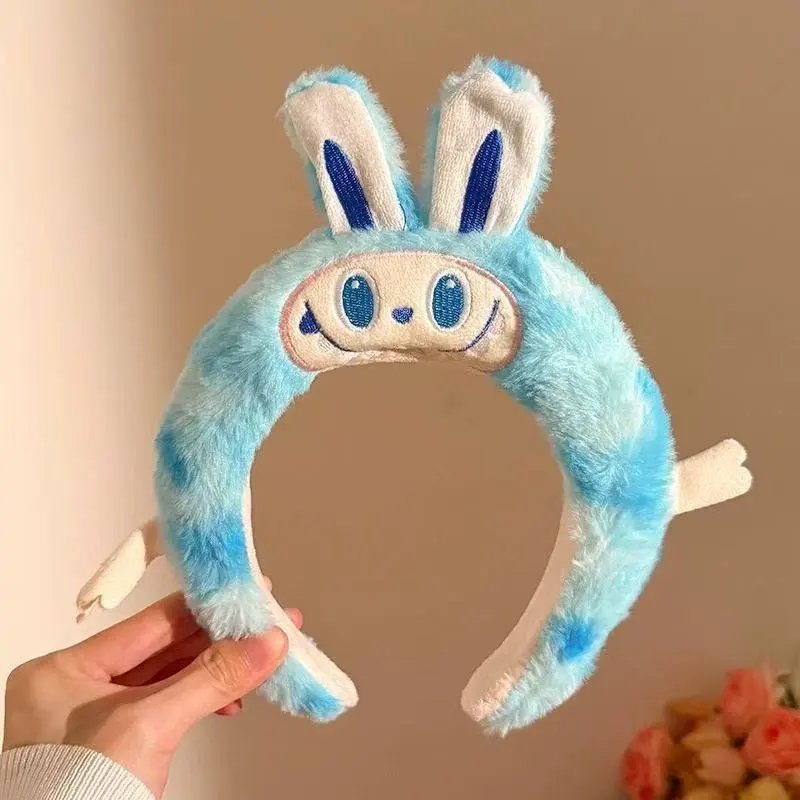 Plush Bunny Headband with Embroidered Face in White and Pink