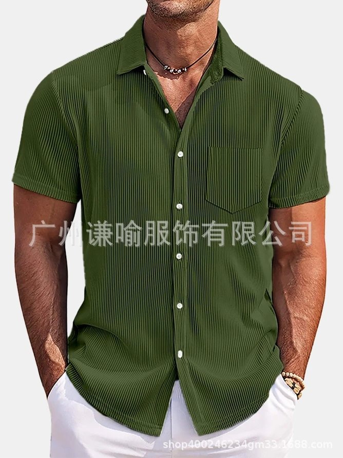 Design Short-Sleeve Ribbed Button-Up Shirt Beige Tops Shirt - 6